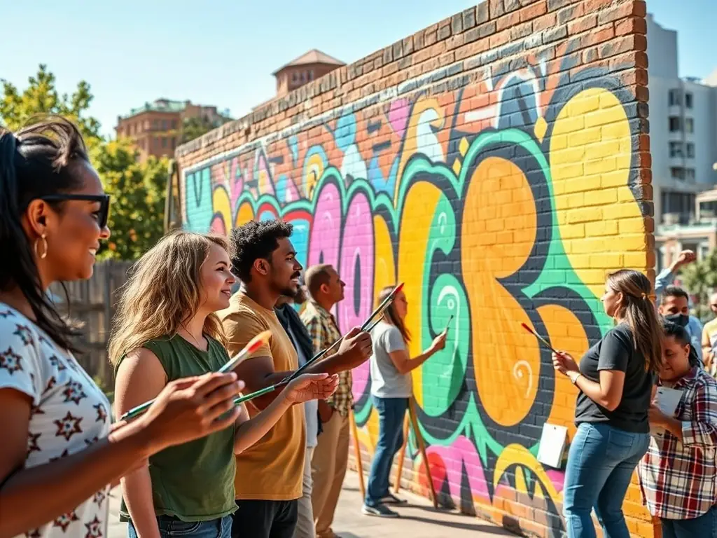 A diverse group of people actively participating in a community art project, painting a large mural together, showcasing collaboration and community spirit.