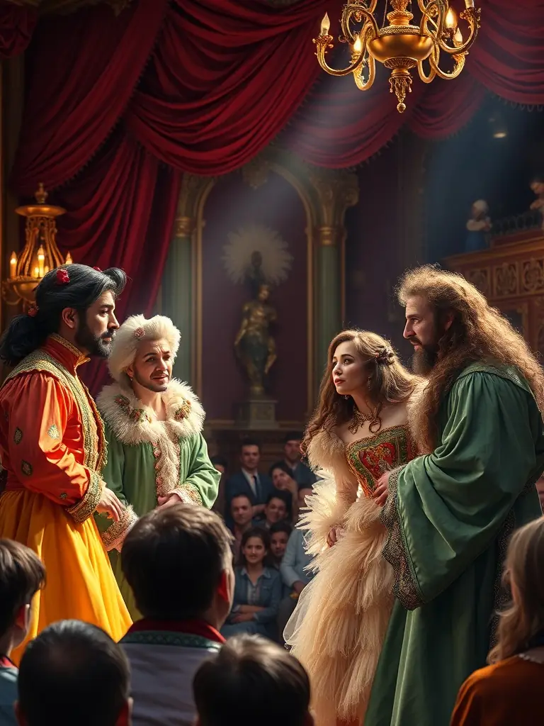 A captivating shot of a theater production supported by SON SON, highlighting the actors in costume and the dramatic set design.