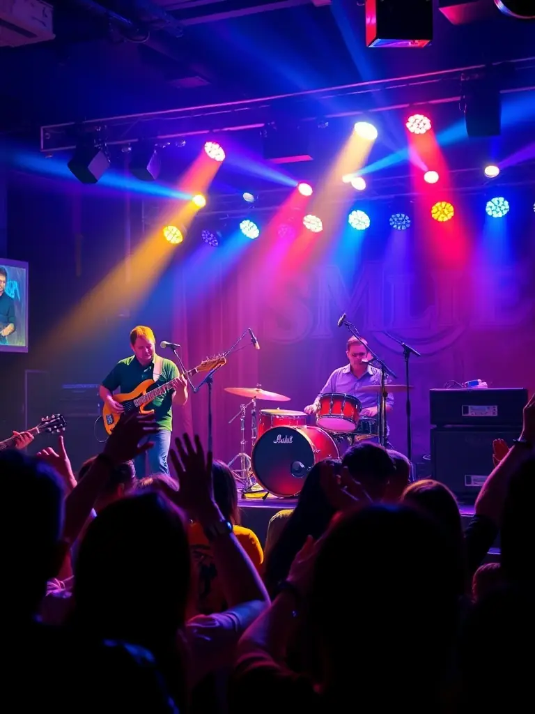 A vibrant photograph capturing a live music performance supported by SON SON, showcasing musicians on stage with a diverse audience enjoying the show.