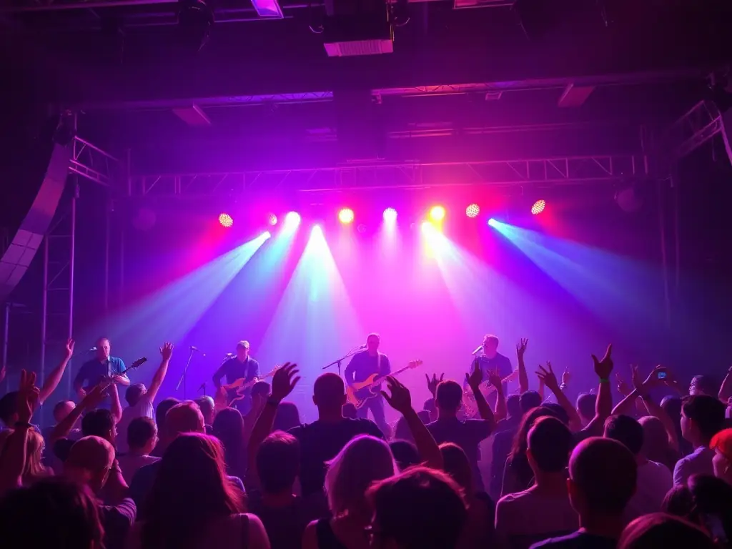 A vibrant photograph capturing a live music performance supported by SON SON, showcasing musicians on stage with enthusiastic audience members in a dimly lit venue.