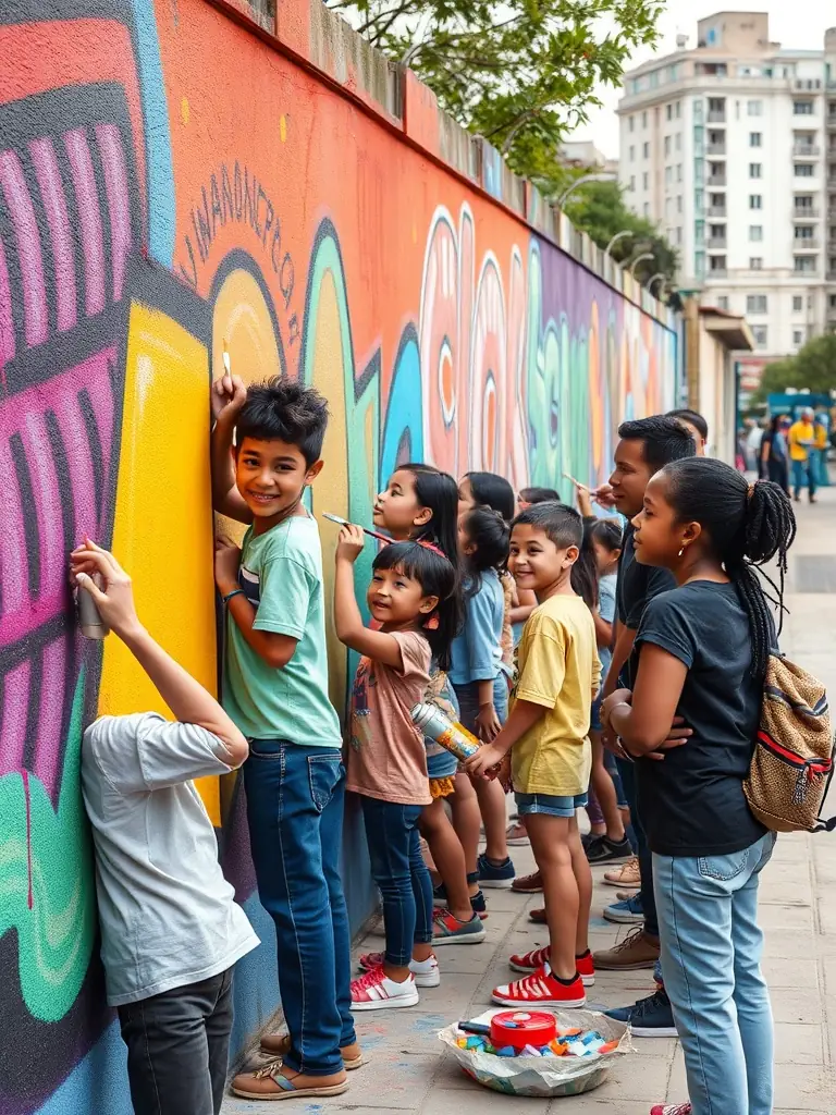 A photograph capturing a diverse group of participants engaged in a collaborative mural painting workshop, showcasing community involvement and artistic expression.