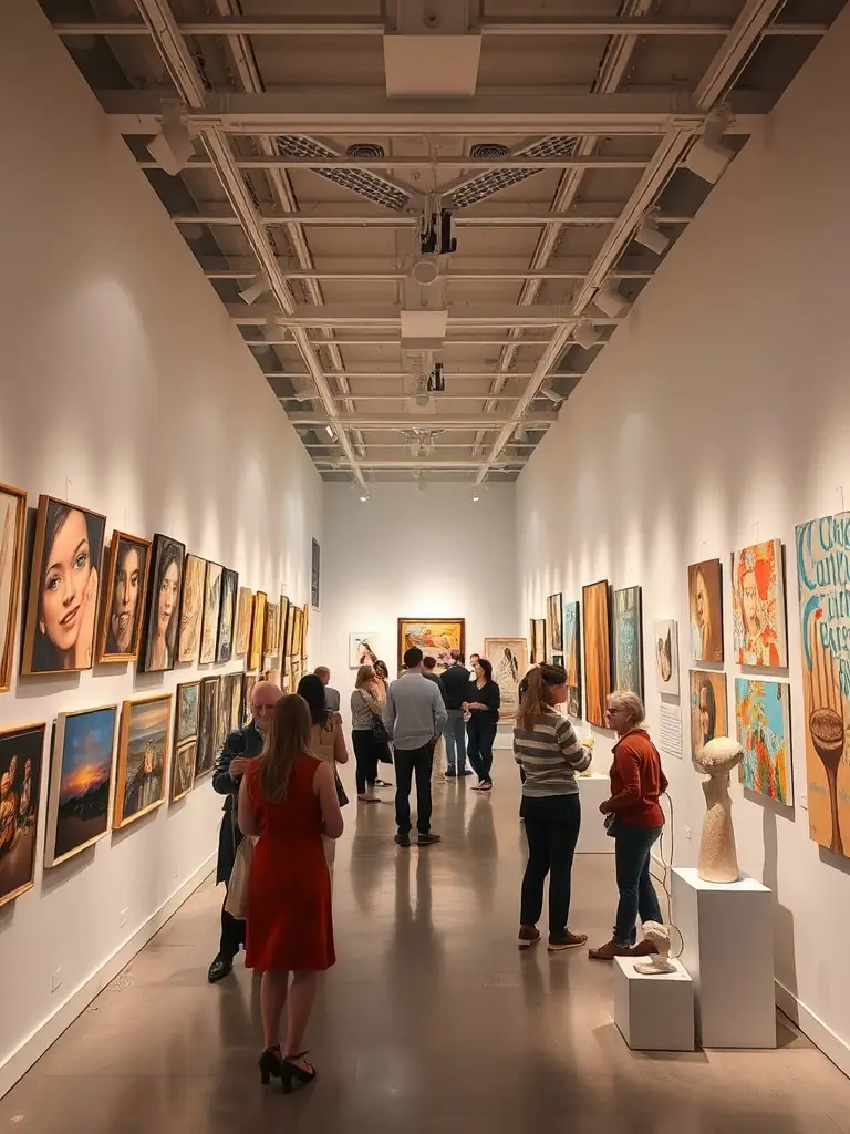 A visually appealing image of a visual arts exhibition sponsored by SON SON, showcasing a variety of artworks and visitors engaging with the art.