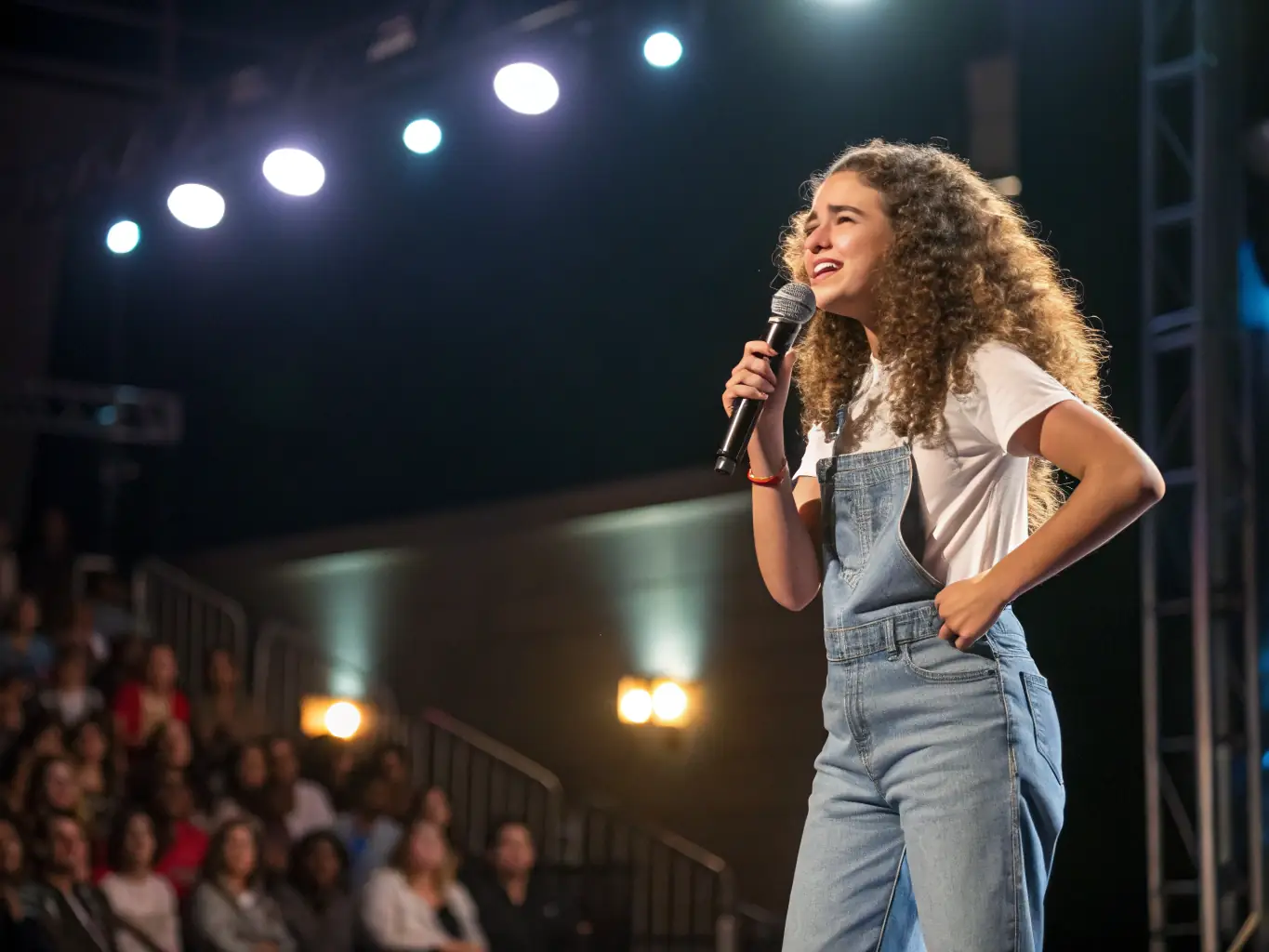 A person smiling confidently after completing a performance, symbolizing personal growth, self-expression, and the joy of sharing one's talent with an audience.