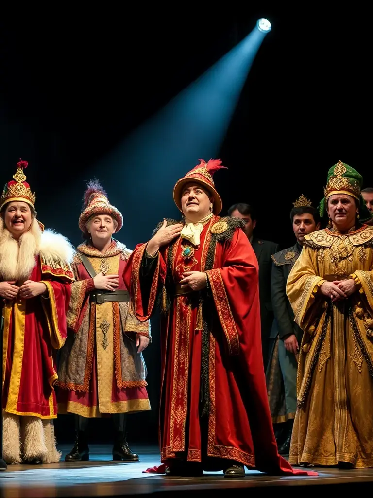 A captivating photo of a theater production supported by SON SON, highlighting actors in costume performing on stage with expressive gestures.