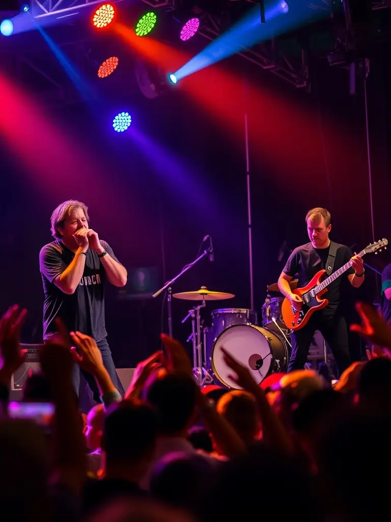 A vibrant photograph capturing a live music performance supported by SON SON, showcasing musicians on stage with a diverse audience enjoying the show.