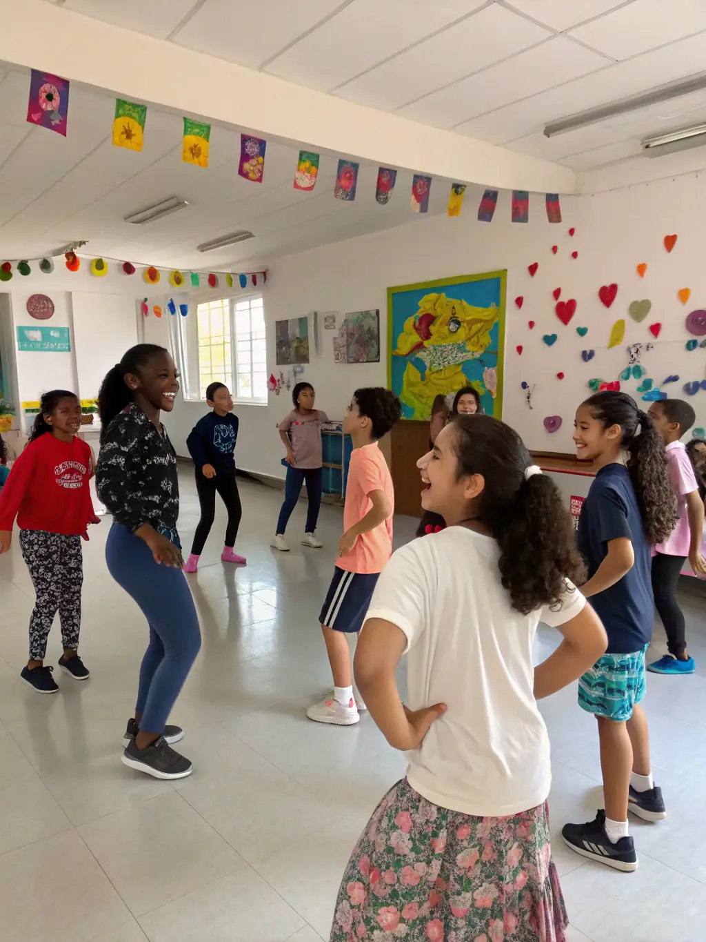 A dynamic image of a dance workshop organized by SON SON, with participants of all ages and backgrounds learning new dance moves in a community center.