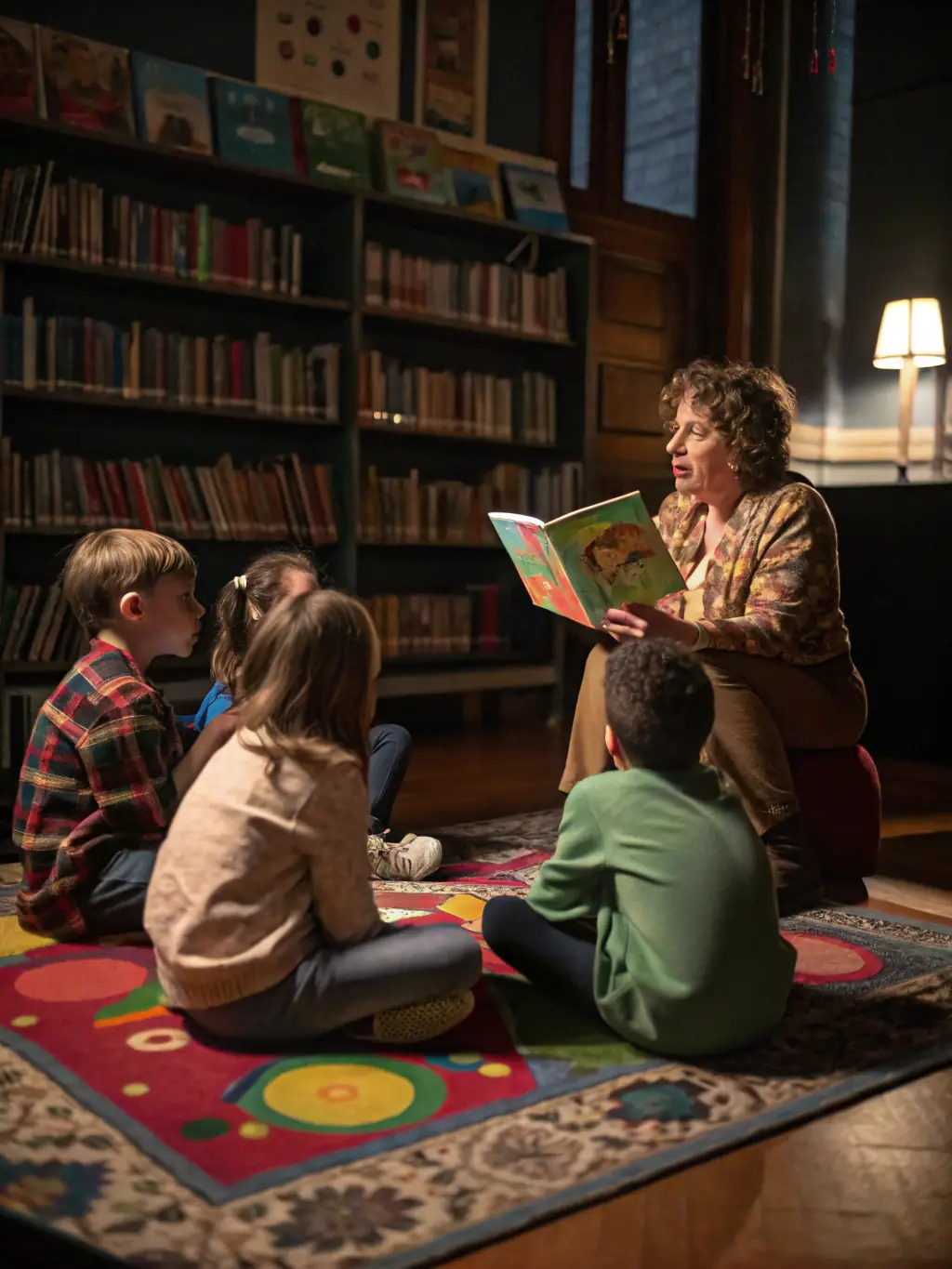 A picture of children participating in a storytelling session at a local library, with a storyteller captivating their attention with animated gestures and voices.