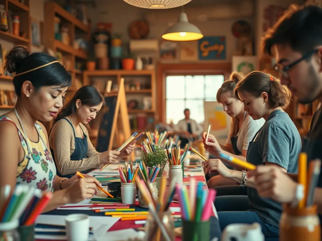 A dynamic image of a community arts workshop in progress, with participants of diverse ages and backgrounds engaged in a hands-on creative activity.